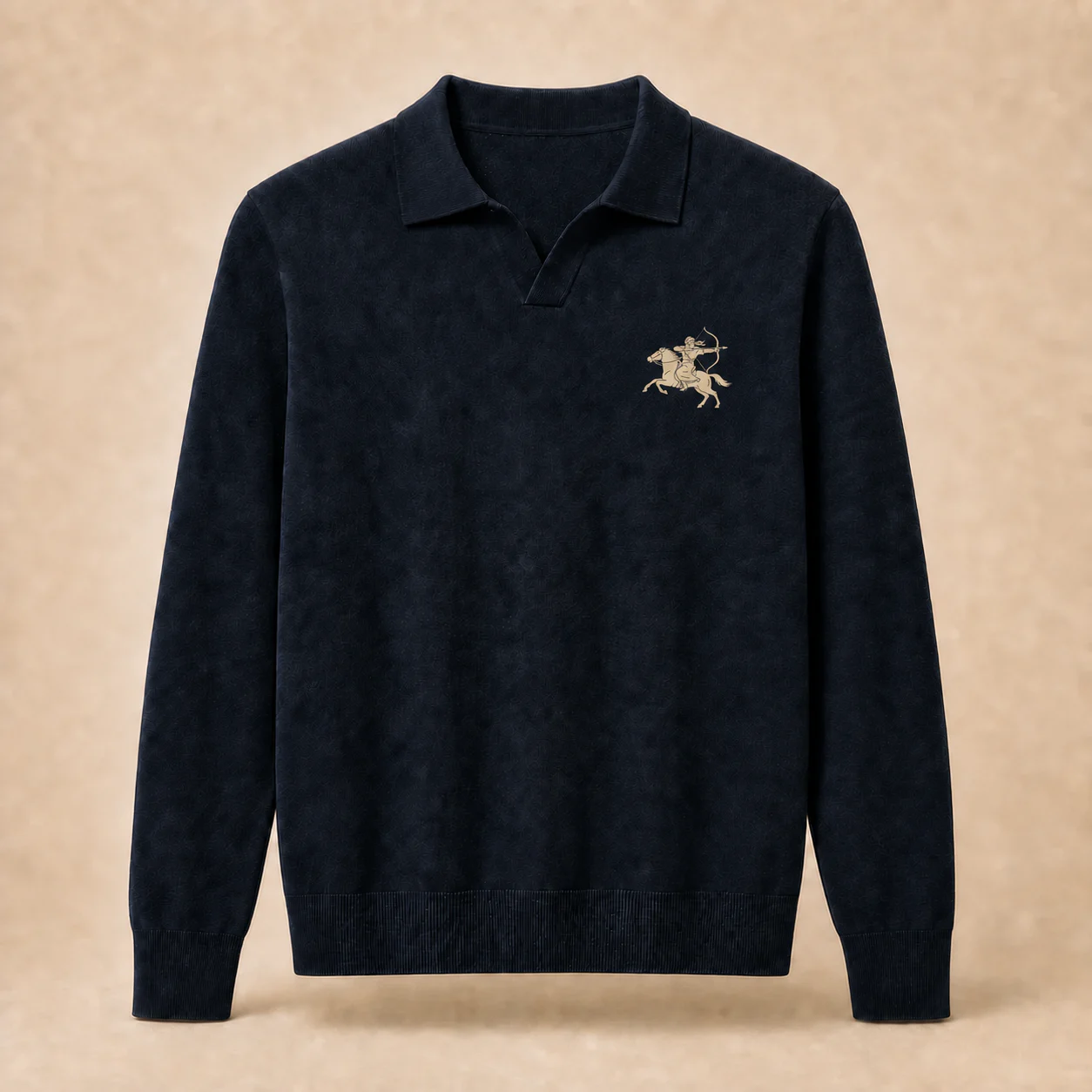 Summer Cotton Long Sleeve in Deep Navy / Sand Embroidery, front product view